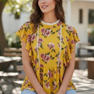 Ivy  Rose Size L Womens Floral Yellow Pink Ruffle Top Lace Trim Summer Tunic